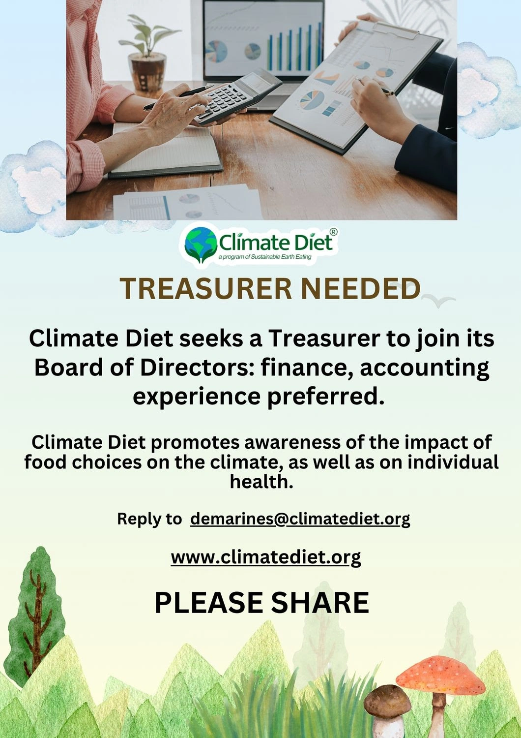 Climate Diet seeks a Treasurer to join its Board of Directors